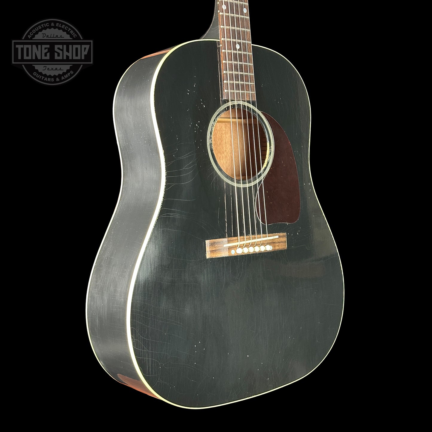 Front angle of Gibson Custom Shop Made 2 Measure 1942 Banner J-45 Murphy Lab Light Aged Ebony.