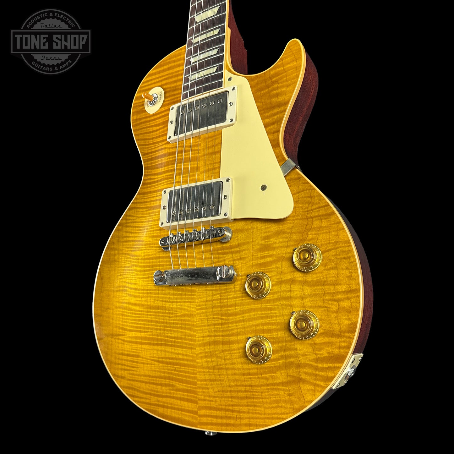 Front angle of Gibson Custom Shop Made 2 Measure 1959 Les Paul Standard Chambered Lemon Burst VOS.