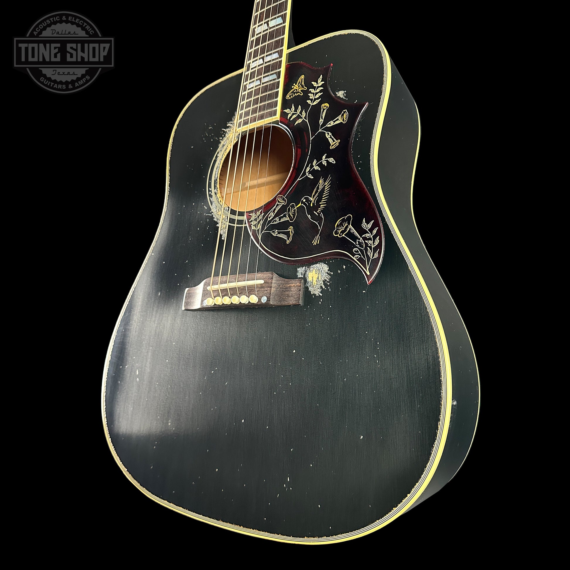 Front angle of Gibson Custom Shop Dealer Select 1960 Hummingbird Ebony Heavy Aged.