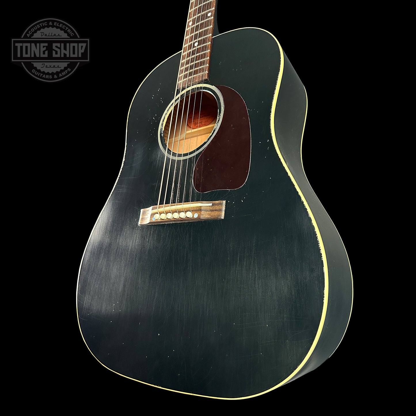 Front angle of Gibson Custom Shop Made 2 Measure 1942 Banner J-45 Murphy Lab Light Aged Ebony.