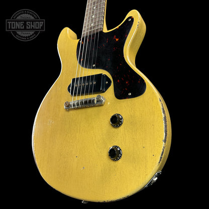 Front angle of Gibson Custom Shop 1958 Les Paul Junior Double Cut TV Yellow Murphy Lab Heavy Aging.