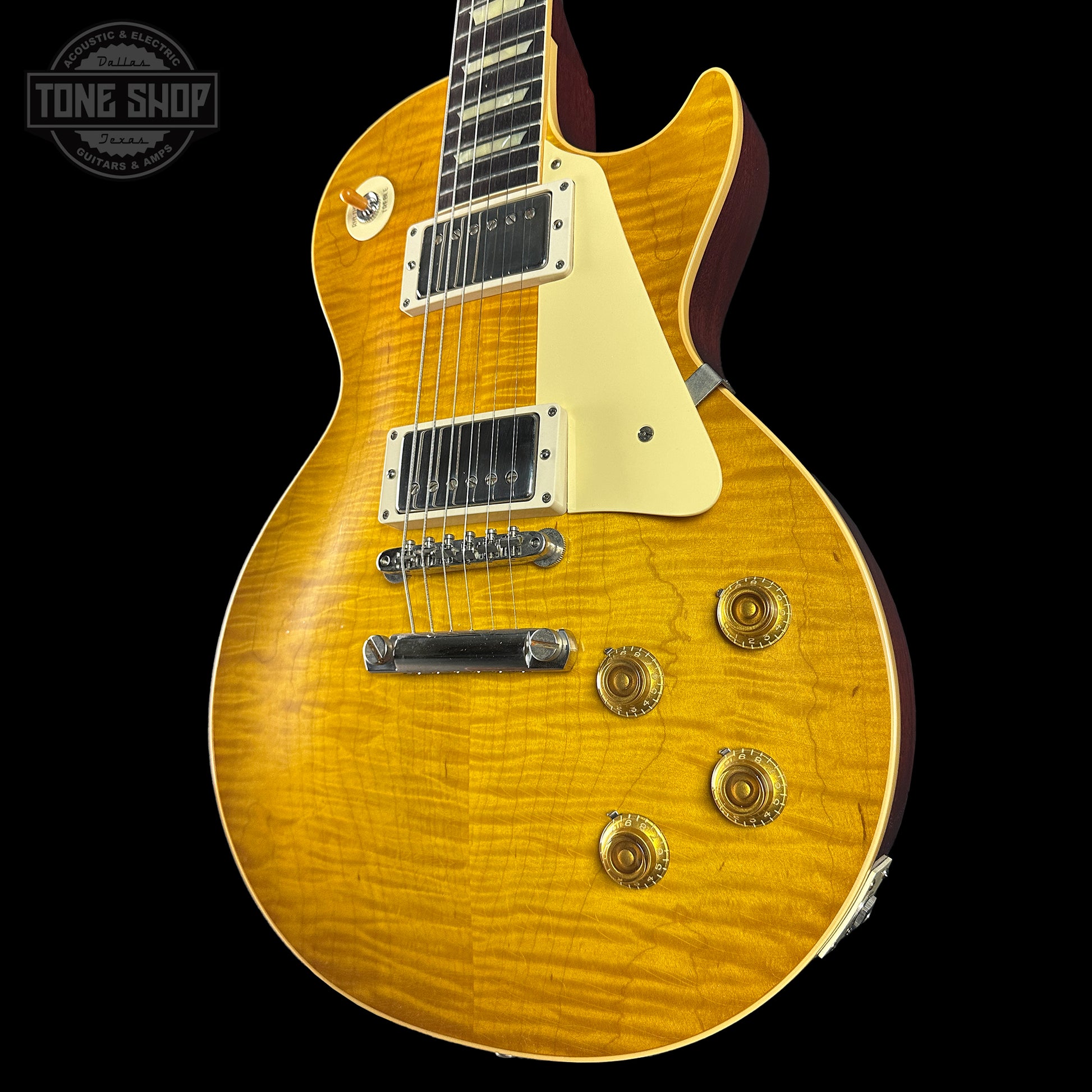 Front angle of Gibson Custom Shop Made 2 Measure 1959 Les Paul Standard Lemon Burst Chambered Murphy Lab Ultra Light Aged.