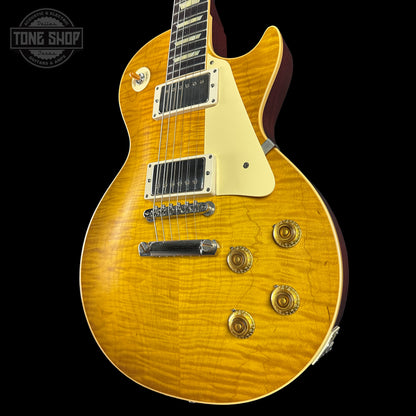 Front angle of Gibson Custom Shop Made 2 Measure 1959 Les Paul Standard Lemon Burst Chambered Murphy Lab Ultra Light Aged.