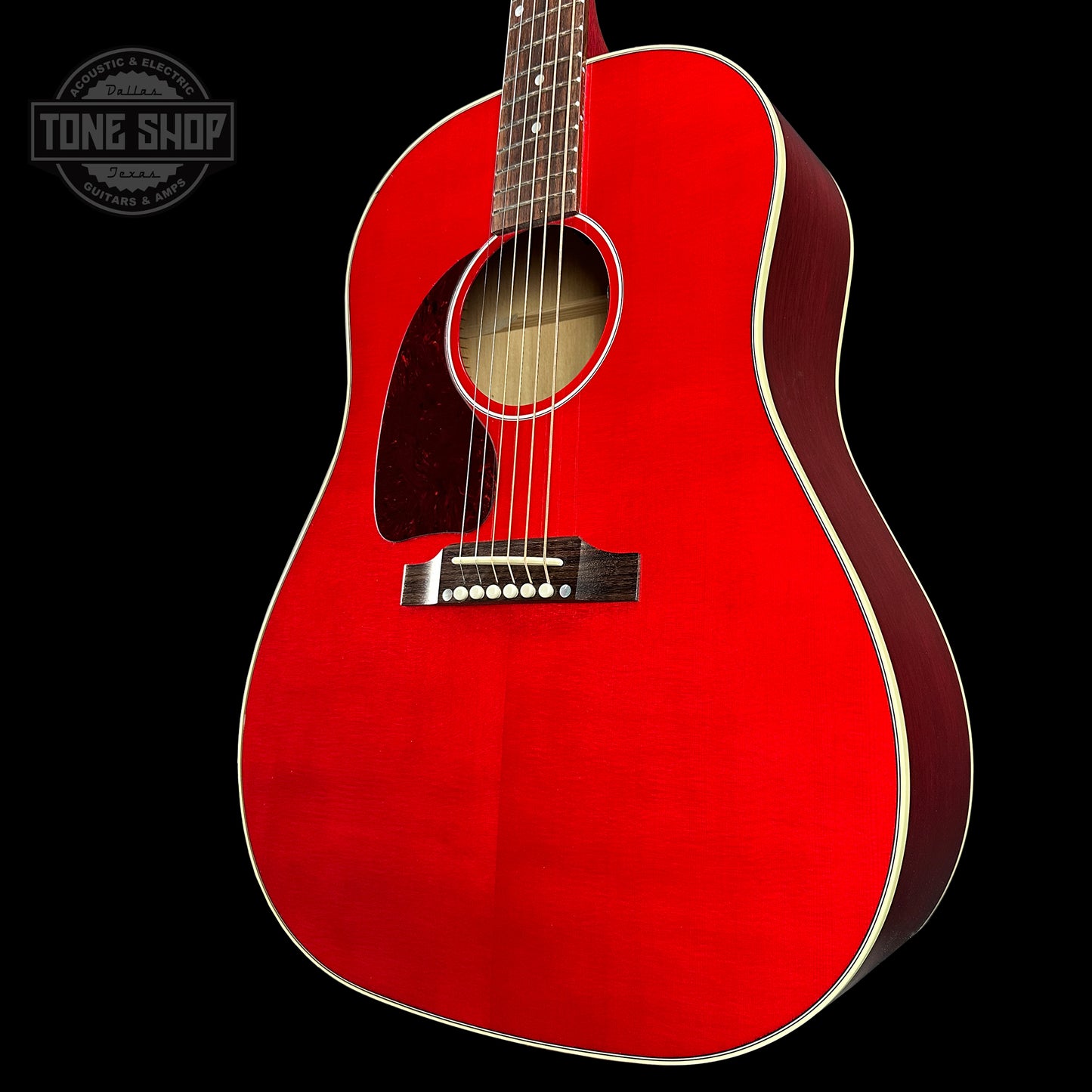 Front angle of Gibson J-45 Standard Left Handed Cherry.