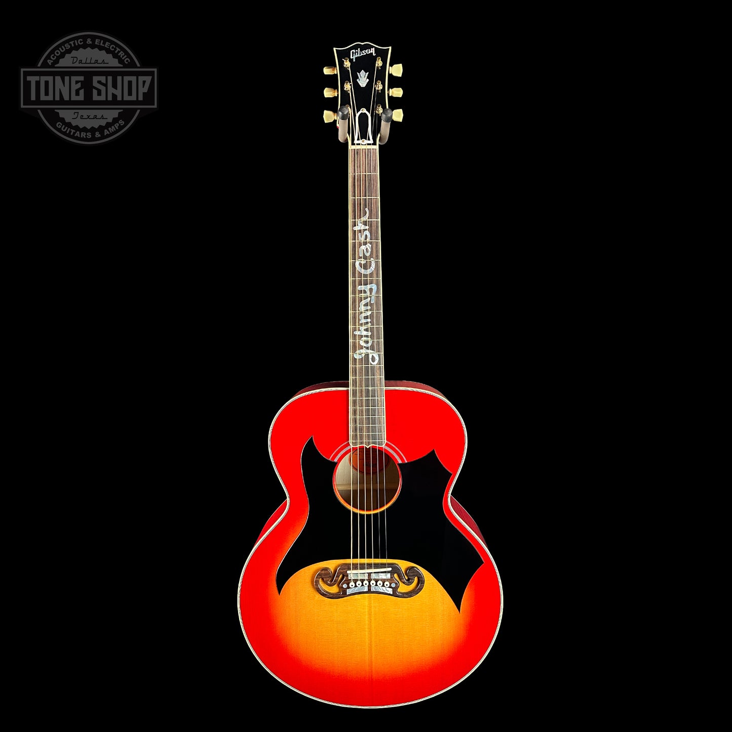 Full front of Gibson Custom Shop Johnny Cash SJ-200 Vintage Cherry Sunburst.