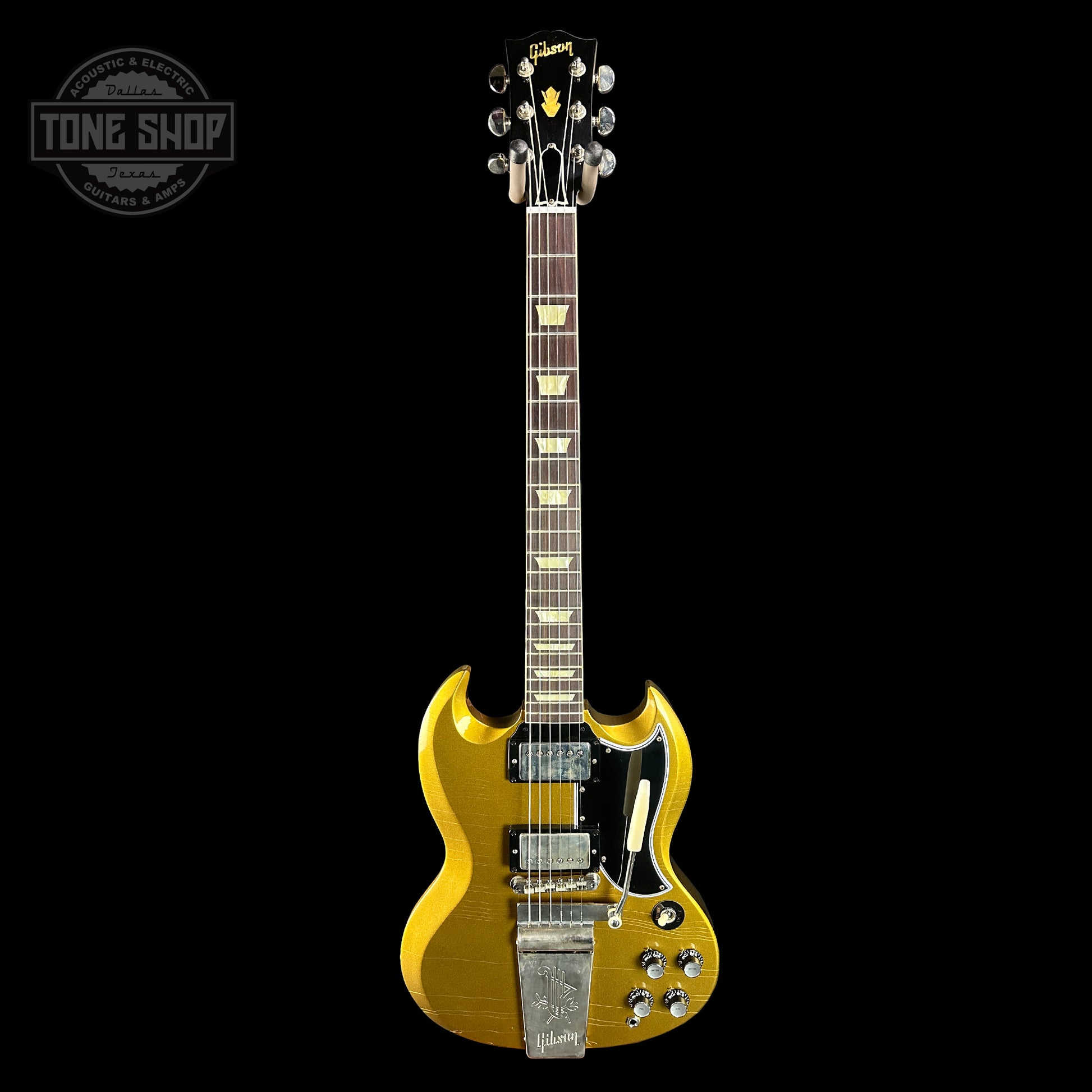 Full front of Gibson Custom Shop M2M 1964 SG Standard Reissue w/Maestro Murphy Lab Ultra Light Aged Double Gold w/Stinger.