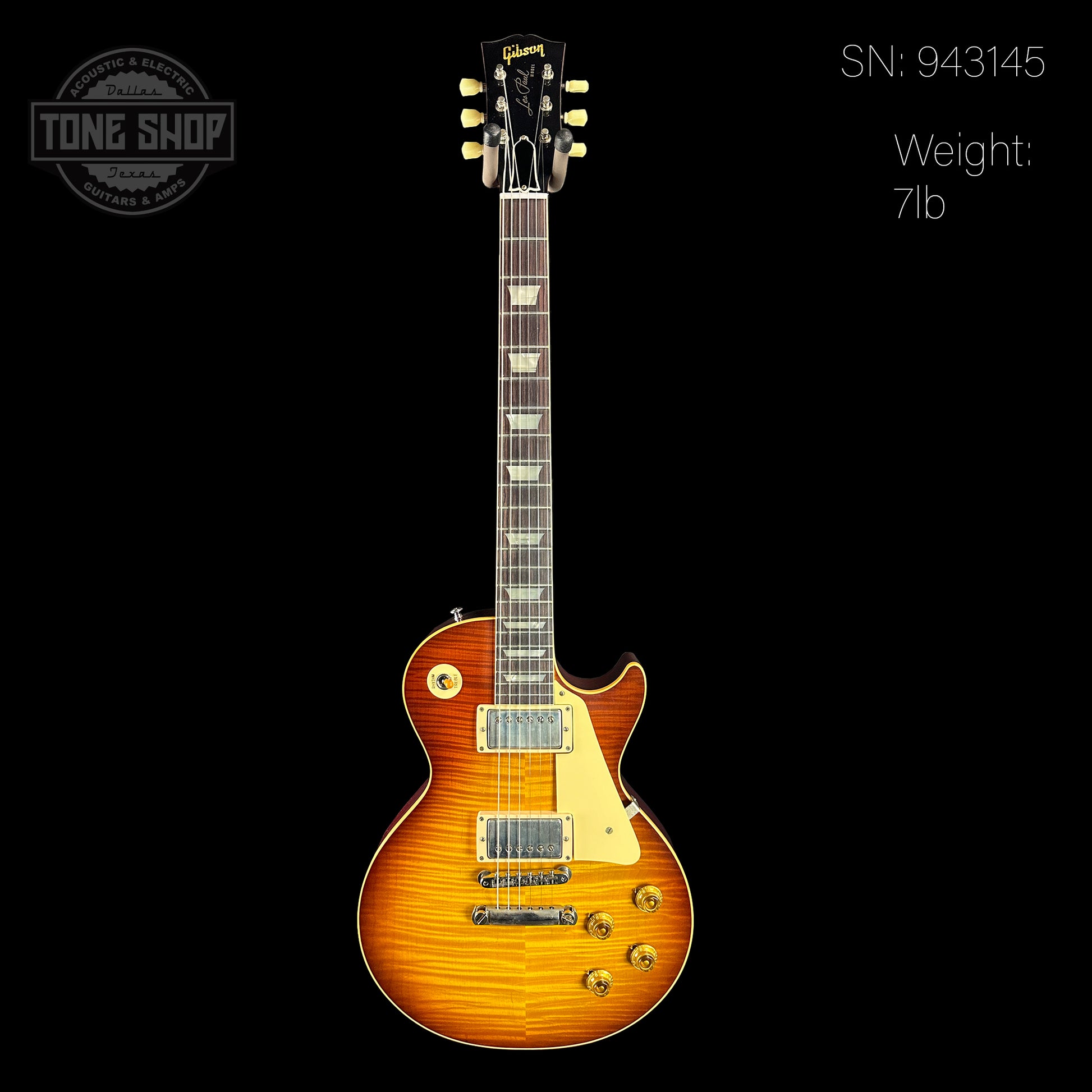 Full front of serial number 943145 of Gibson Custom Shop Made 2 Measure 1959 Les Paul Standard Chambered SITF Tejas Burst Murphy Lab Ultra Light Aged.