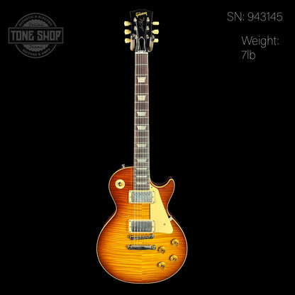 Full front of serial number 943145 of Gibson Custom Shop Made 2 Measure 1959 Les Paul Standard Chambered SITF Tejas Burst Murphy Lab Ultra Light Aged.