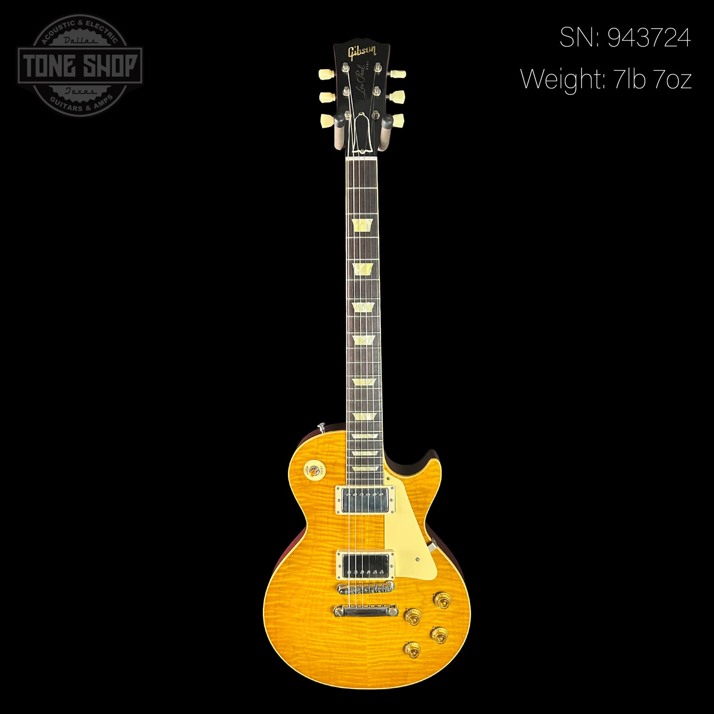 Full front of serial number 943724 of Gibson Custom Shop Made 2 Measure 1959 Les Paul Standard Lemon Burst Chambered Murphy Lab Ultra Light Aged.