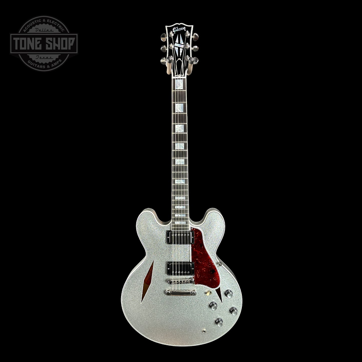 Full front of Gibson Custom Shop 1959 ES-355 Reissue Diamond F-Holes Silver Sparkle Heavy Flake Gloss.