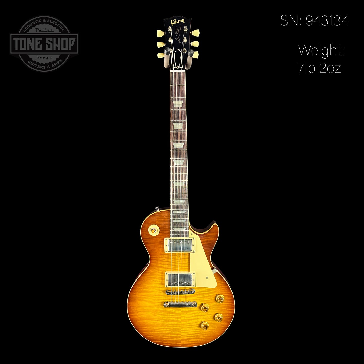 Full front of serial number 943134 of Gibson Custom Shop Made 2 Measure 1959 Les Paul Standard Chambered SITF Tejas Burst Murphy Lab Ultra Light Aged.