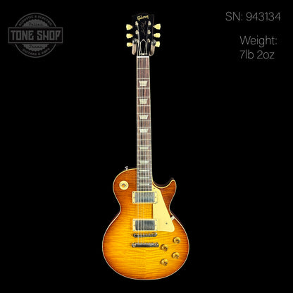 Full front of serial number 943134 of Gibson Custom Shop Made 2 Measure 1959 Les Paul Standard Chambered SITF Tejas Burst Murphy Lab Ultra Light Aged.