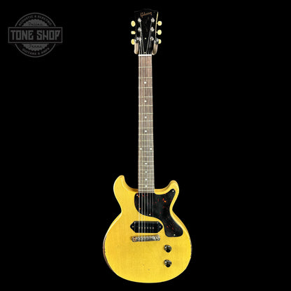 Full front of Gibson Custom Shop 1958 Les Paul Junior Double Cut TV Yellow Murphy Lab Heavy Aging.