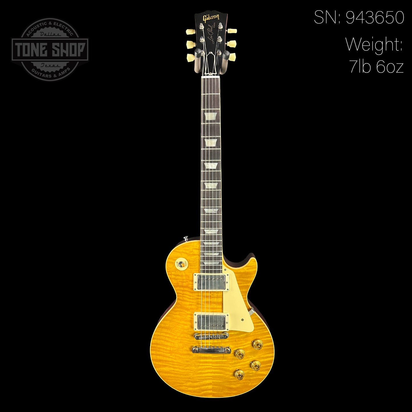 Full front of Gibson Custom Shop Made 2 Measure 1959 Les Paul Standard Chambered Lemon Burst VOS.