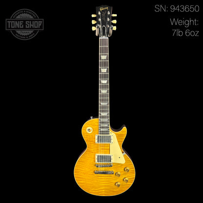 Full front of Gibson Custom Shop Made 2 Measure 1959 Les Paul Standard Chambered Lemon Burst VOS.