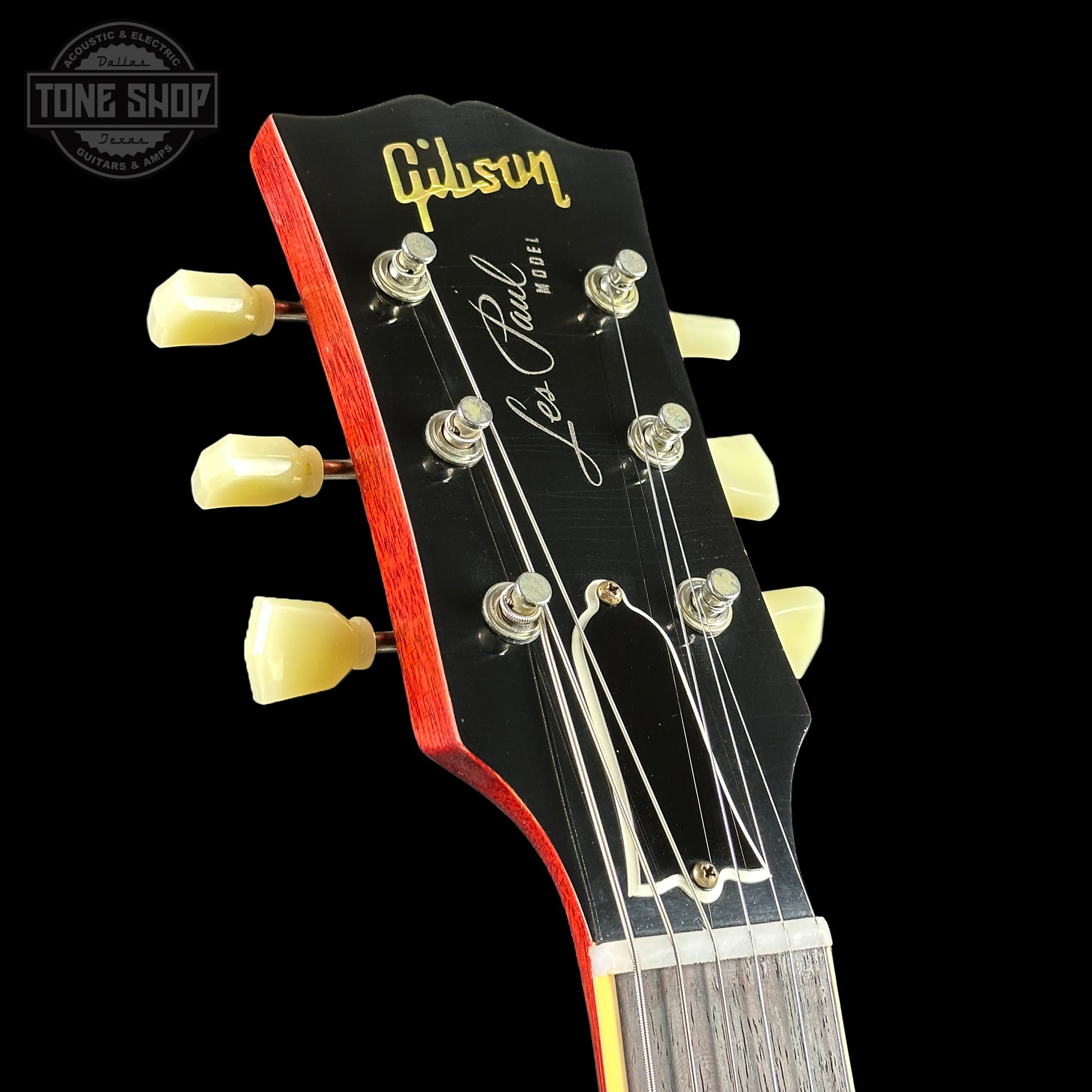 Headstock of Gibson Custom Shop Made 2 Measure 1959 Les Paul Standard Lemon Burst Chambered Murphy Lab Ultra Light Aged.