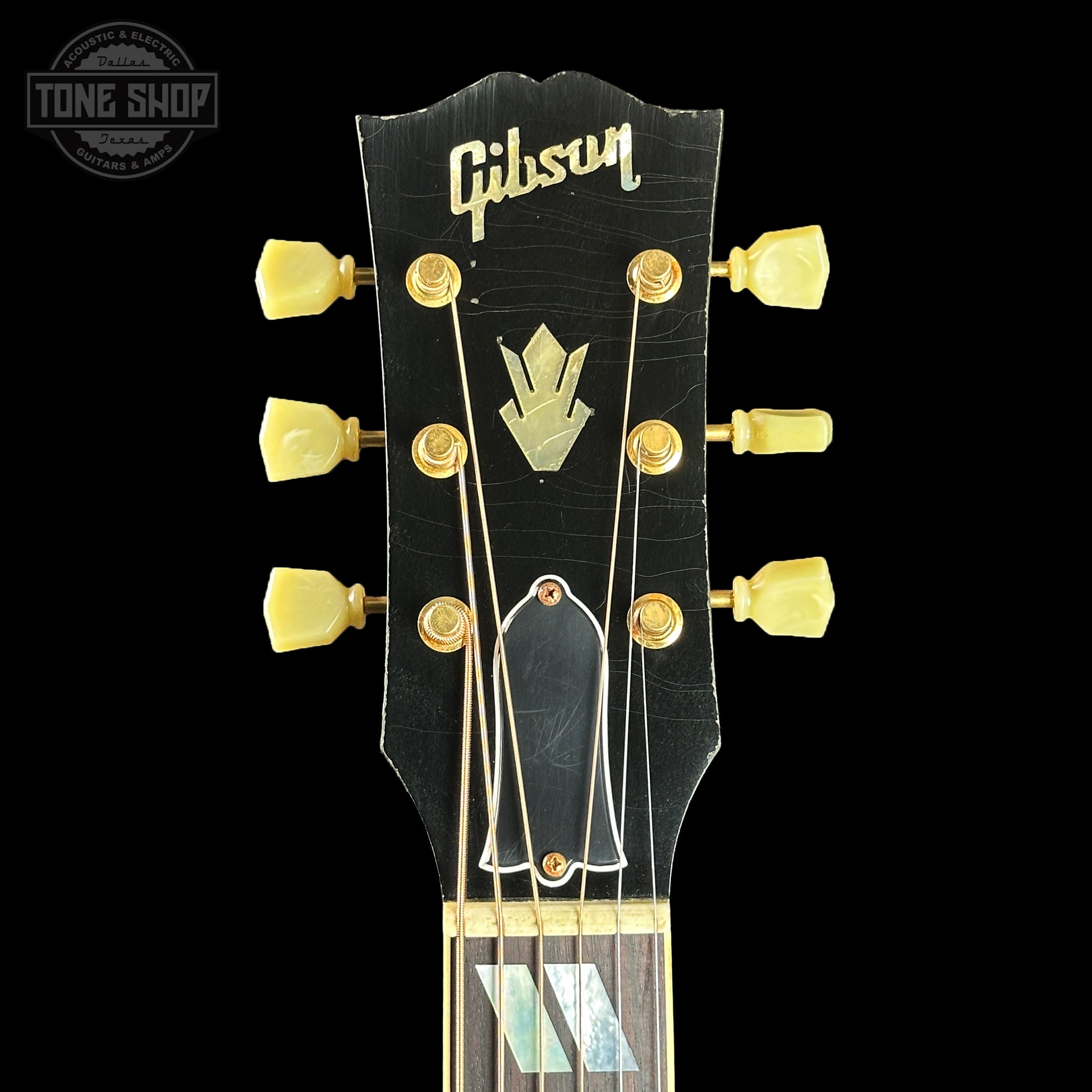 Headstock of Gibson Custom Shop Dealer Select 1960 Hummingbird Ebony Heavy Aged.