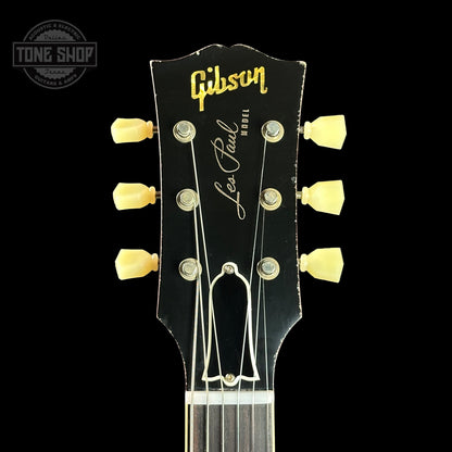 Front of headstock of Gibson Custom Shop Made 2 Measure 1959 Les Paul Standard Chambered Lemon Burst Murphy Lab Light Aged 57 Classic "Double Classic White".