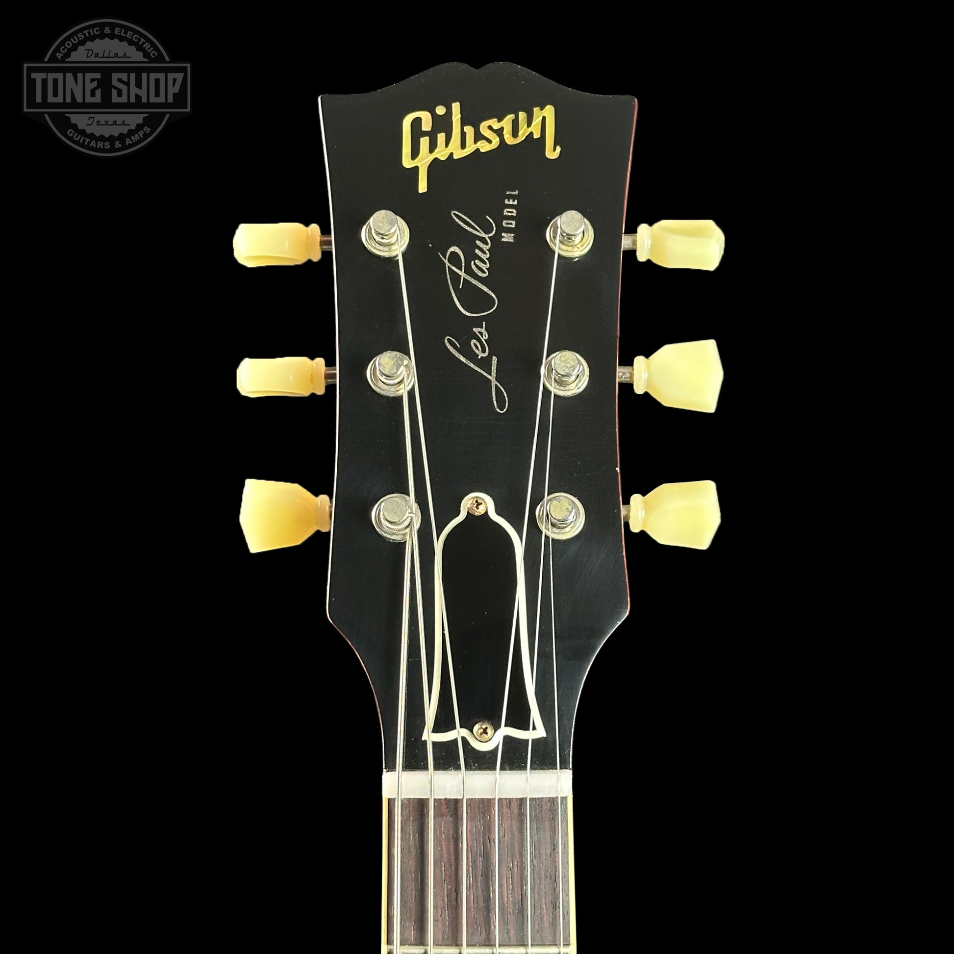 Headstock of Gibson Custom Shop Made 2 Measure 1959 Les Paul Standard Lemon Burst Chambered Murphy Lab Ultra Light Aged.