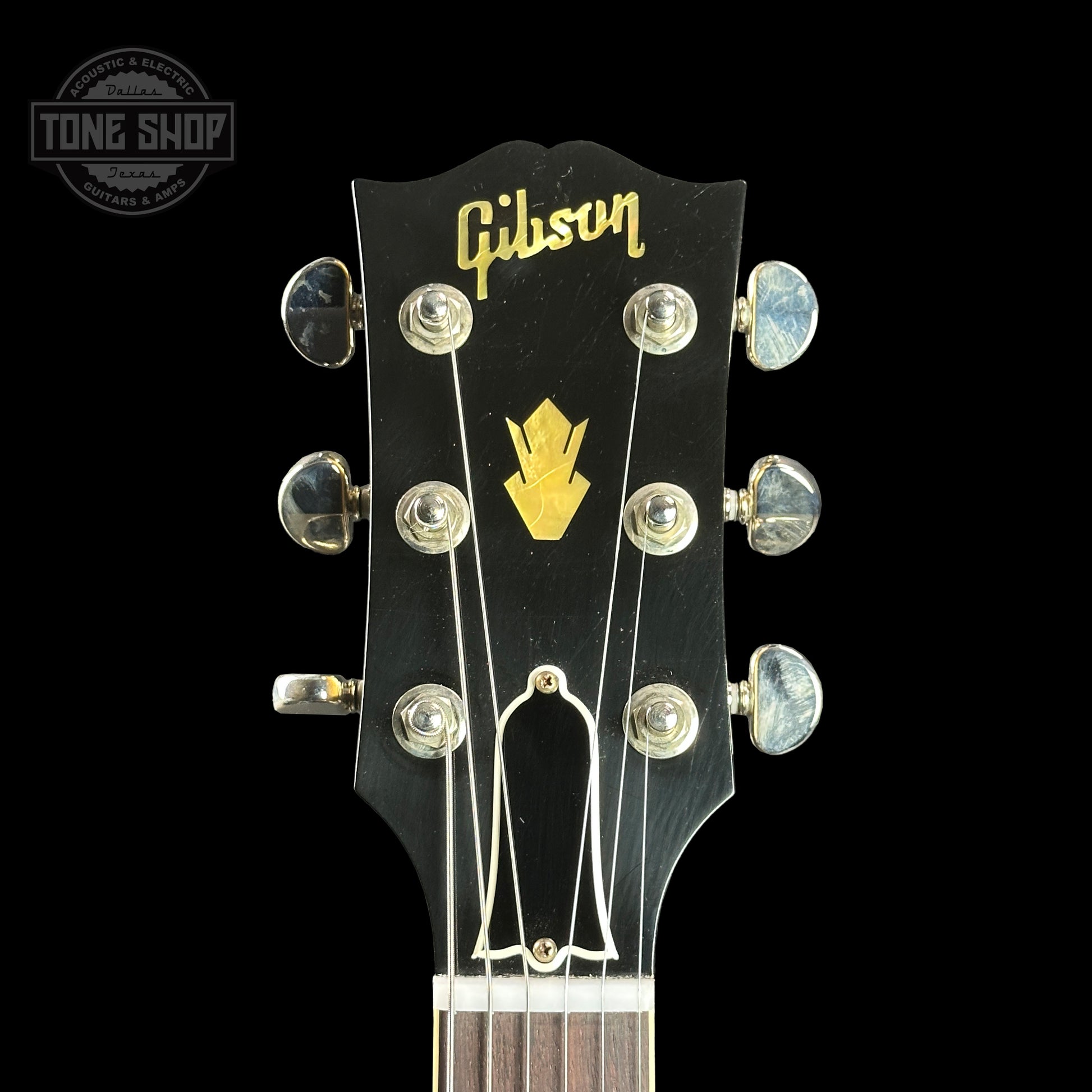 Front of headstock of Gibson Custom Shop M2M 1964 SG Standard Reissue w/Maestro Murphy Lab Ultra Light Aged Double Gold w/Stinger.