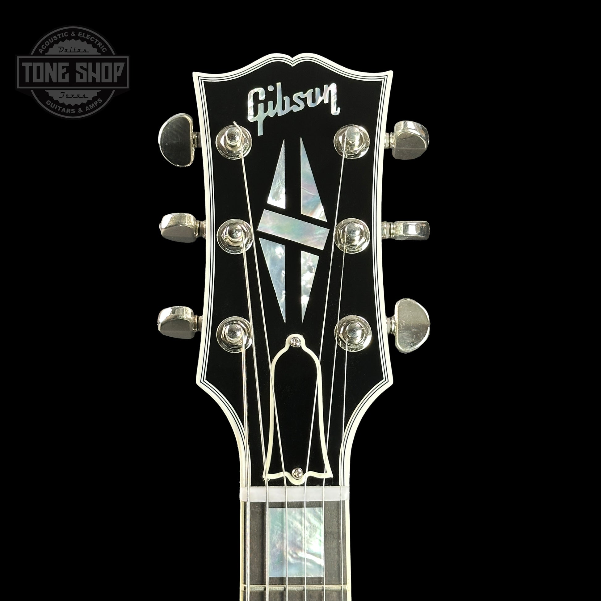 Front of headstock of Gibson Custom Shop 1959 ES-355 Reissue Diamond F-Holes Silver Sparkle Heavy Flake Gloss.