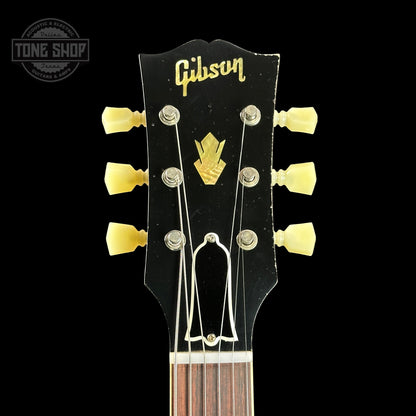 Front of headstock of Gibson Custom 1964 ES-335 Reissue Bigsby Custom Made Plate, Murphy Lab Light Aged Vintage Burst.