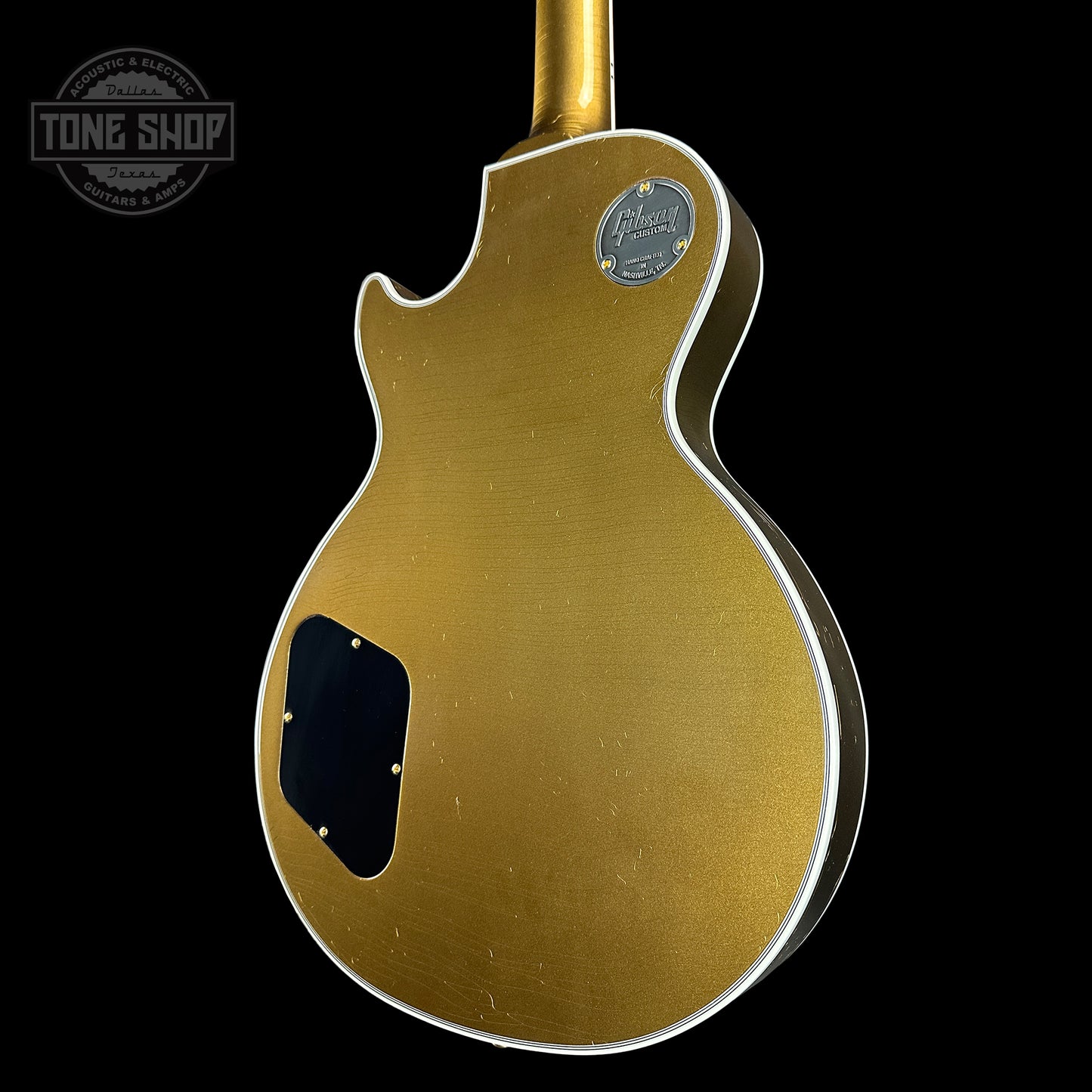 Back angle of Gibson Custom Shop Made 2 Measure Les Paul Custom Chambered Double Gold.