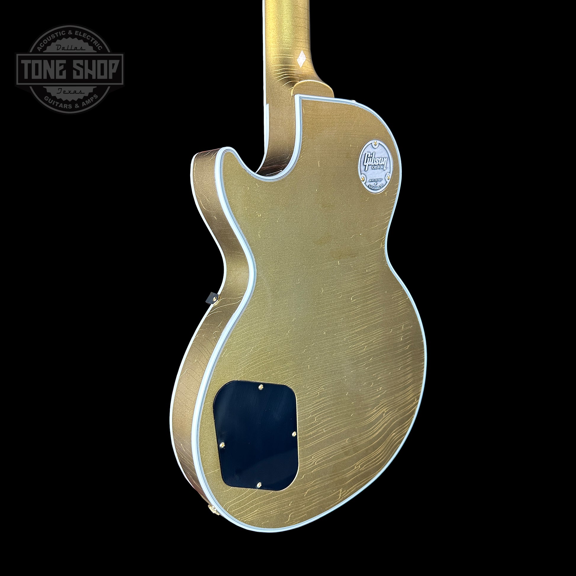 Back angle of Gibson Custom Shop Made 2 Measure Les Paul Custom Chambered Double Gold.