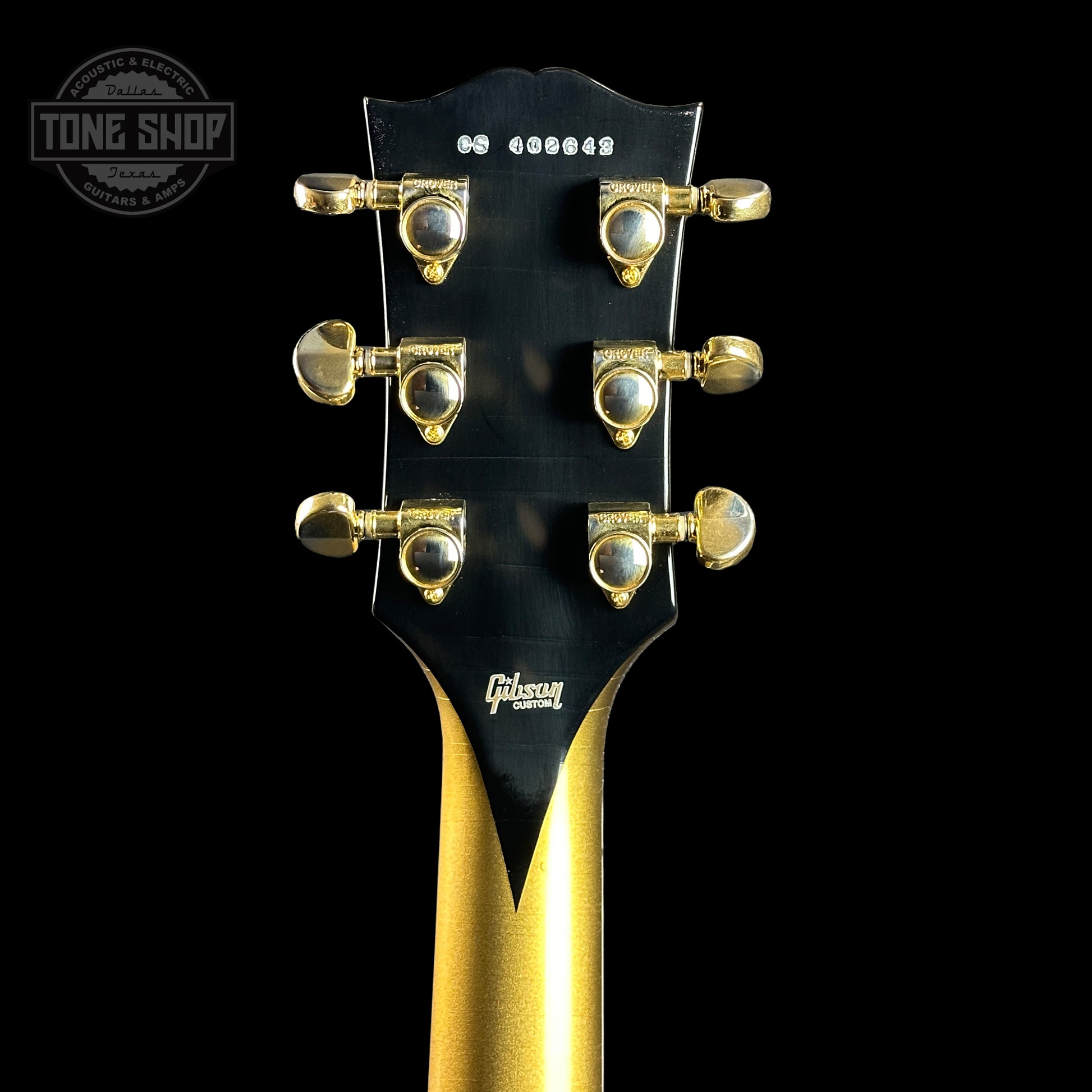 Back of headstock of Gibson Custom Shop Made 2 Measure Les Paul Custom Chambered Double Gold.