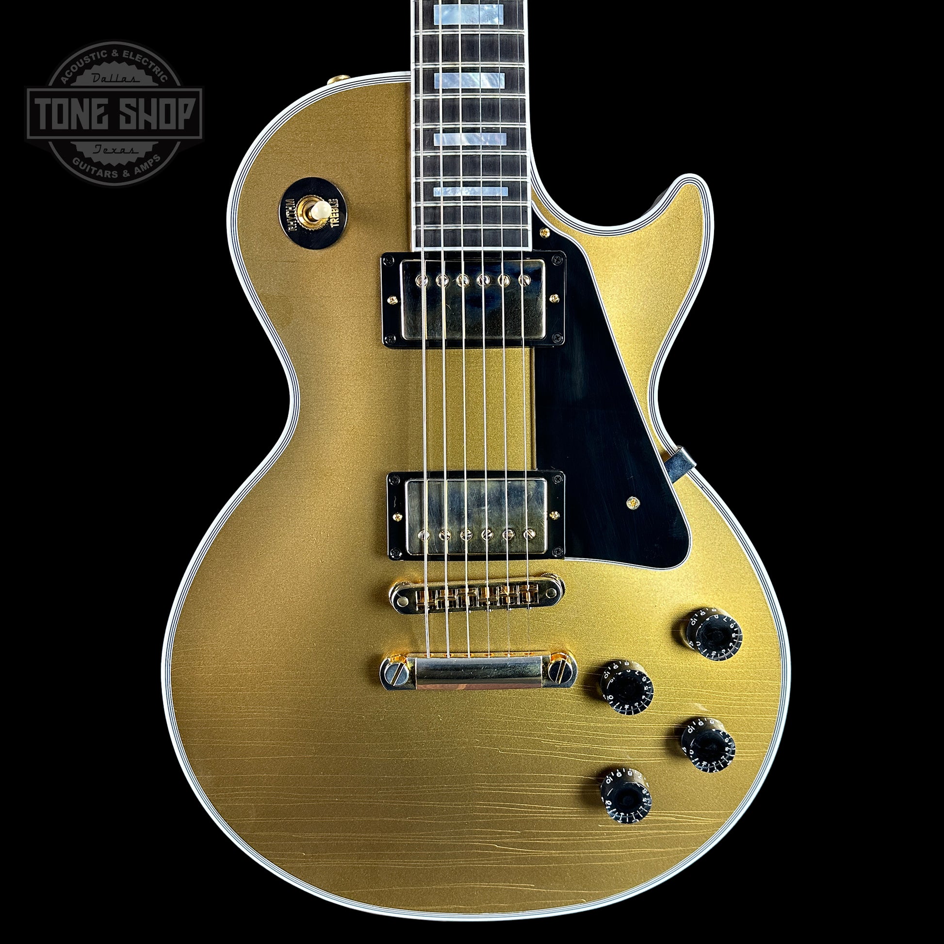 Front of Gibson Custom Shop Made 2 Measure Les Paul Custom Chambered Double Gold.