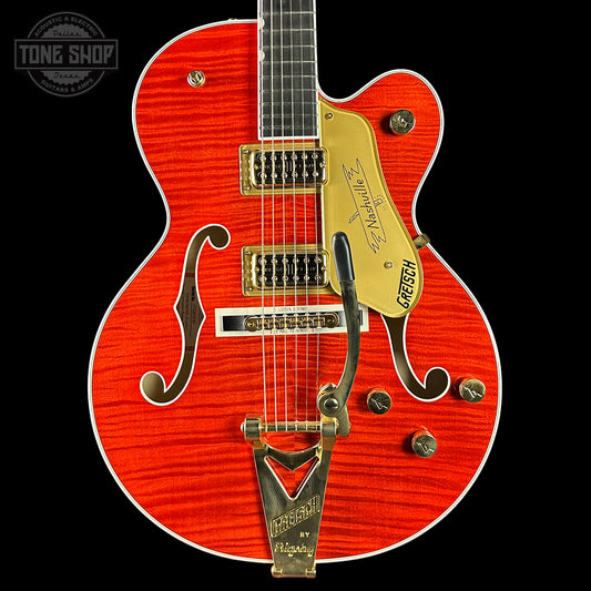 Front of Gretsch G6120TGFM Players Edition Nashville Orange Stain.