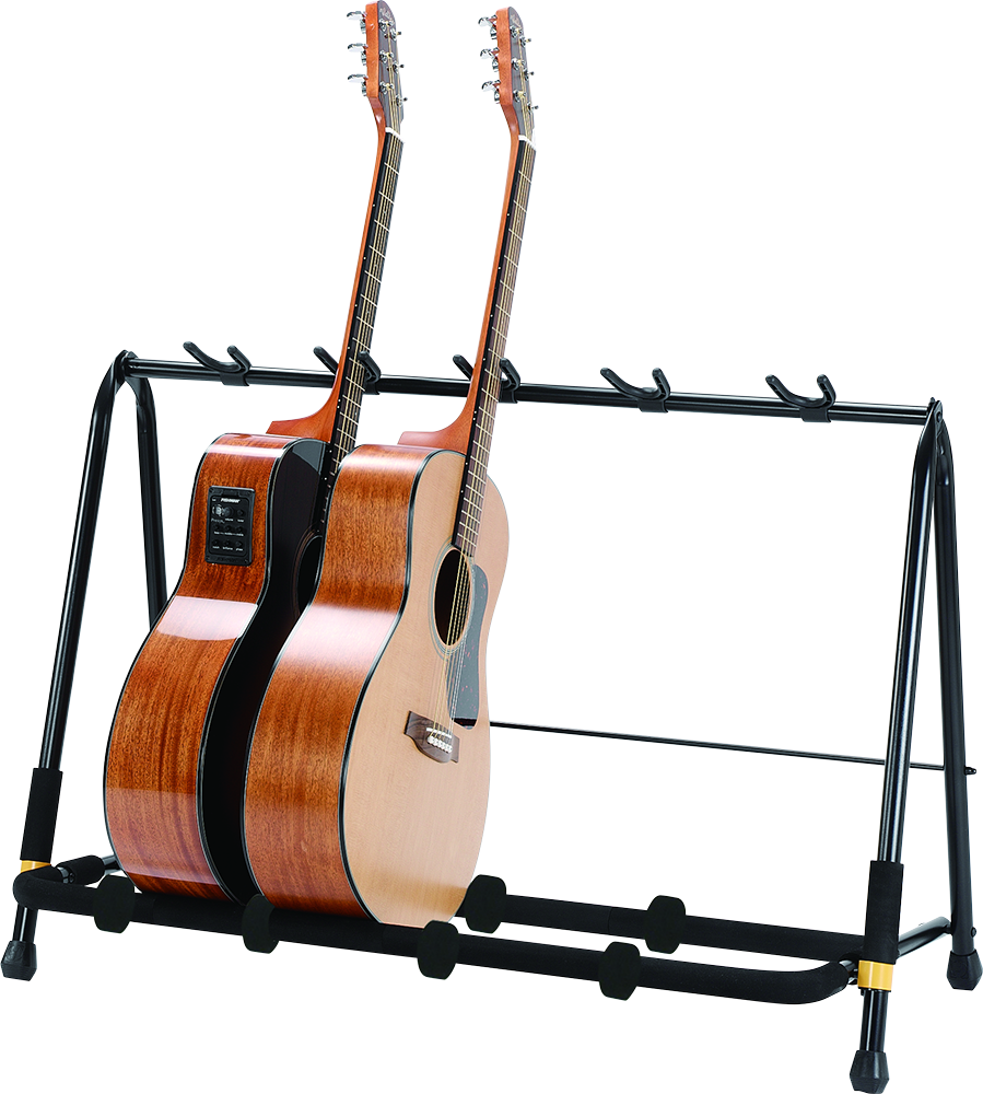 Front angle of Hercules GS525B 5 Guitar Rack with example guitars.