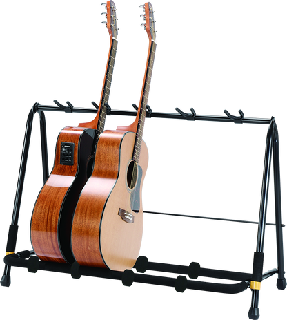 Front angle of Hercules GS525B 5 Guitar Rack with example guitars.