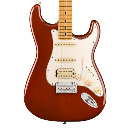 Closeup of Fender Player II Stratocaster HSS Chambered Mahogany Trans Mocha Burst Maple