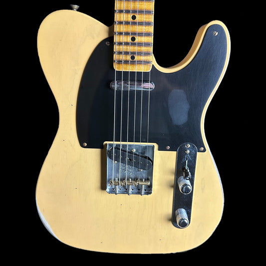 Front of Fender Custom Shop 1952 Telecaster Relic Aged Nocaster Blonde.