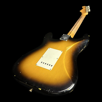 Back angle of Fender Custom Shop Limited Edition '57 Stratocaster Relic Wide Fade 2 Color Sunburst.