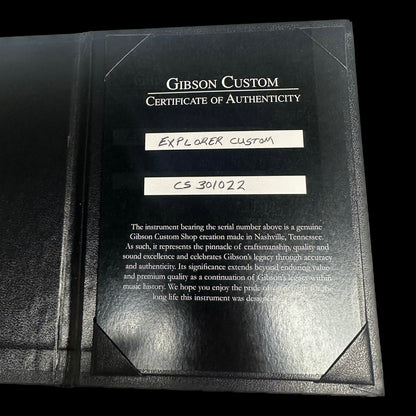Certificate of authenticity for Gibson Custom Shop Explorer Custom Ebony.