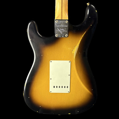 Back of Fender Custom Shop Limited Edition '57 Stratocaster Relic Wide Fade 2 Color Sunburst.