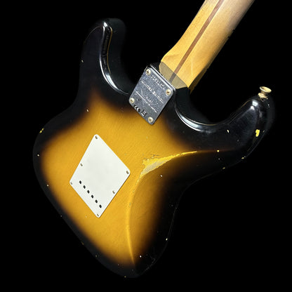 Back angle of Fender Custom Shop Limited Edition '57 Stratocaster Relic Wide Fade 2 Color Sunburst.
