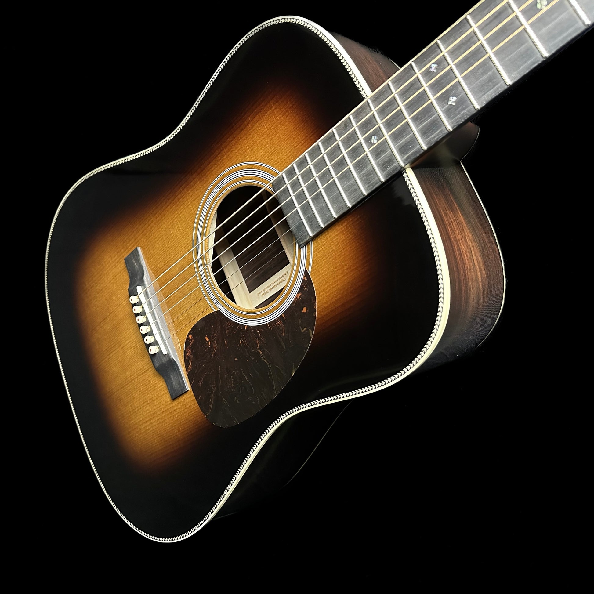  Front angle of Martin Custom Shop 28 Style Dread Adirondack/East Indian Rosewood Sunburst.