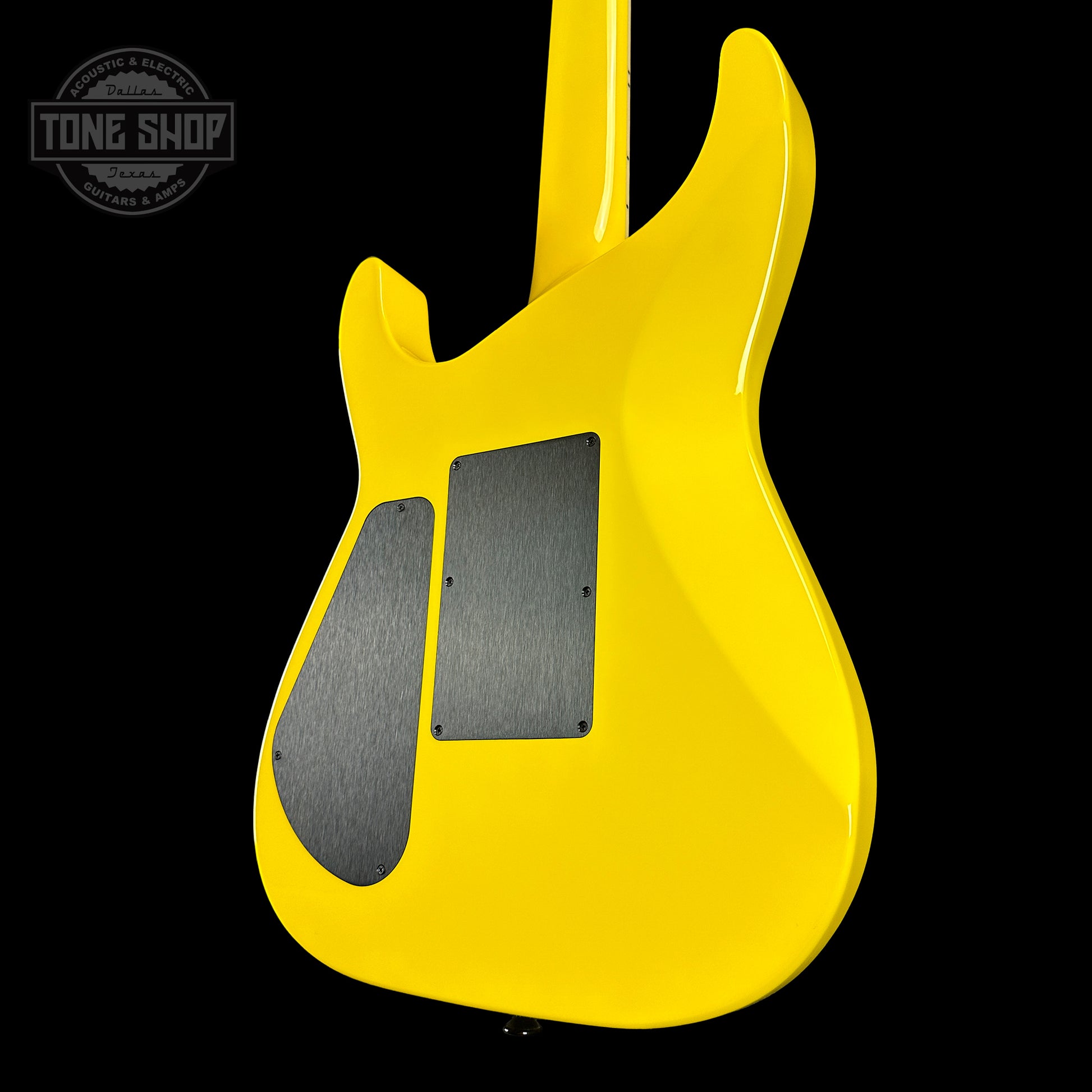 Back angle of Jackson Custom Shop SL2H Reverse Headstock Grafitti Yellow.