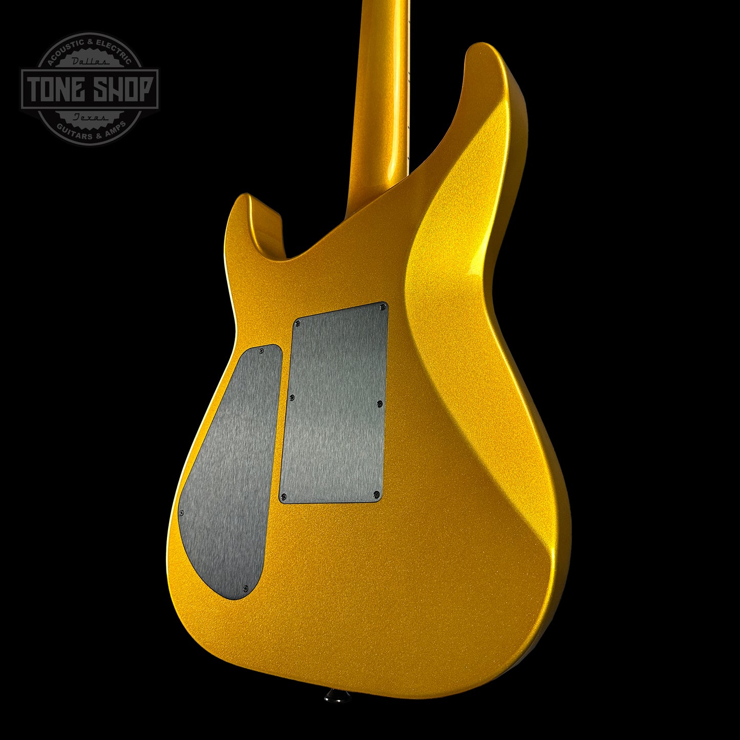 Back angle of Jackson Custom Shop SL2H Reverse Headstock Frost Gold.