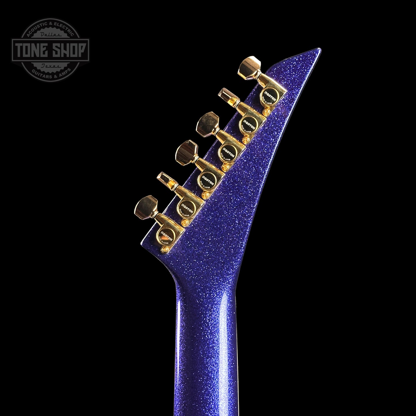 Back of headstock of Jackson Custom Shop SL2H Purple Sparkle.