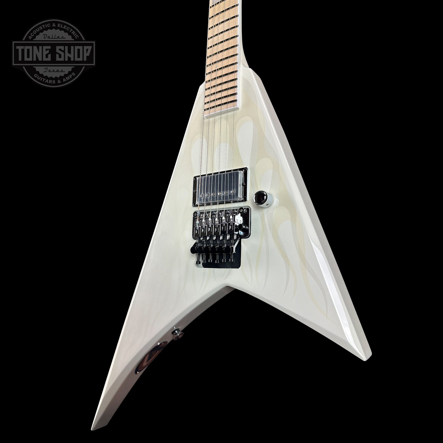 Front angle of Jackson Custom Shop Rhoads RR24 1H White Ghost Flame.