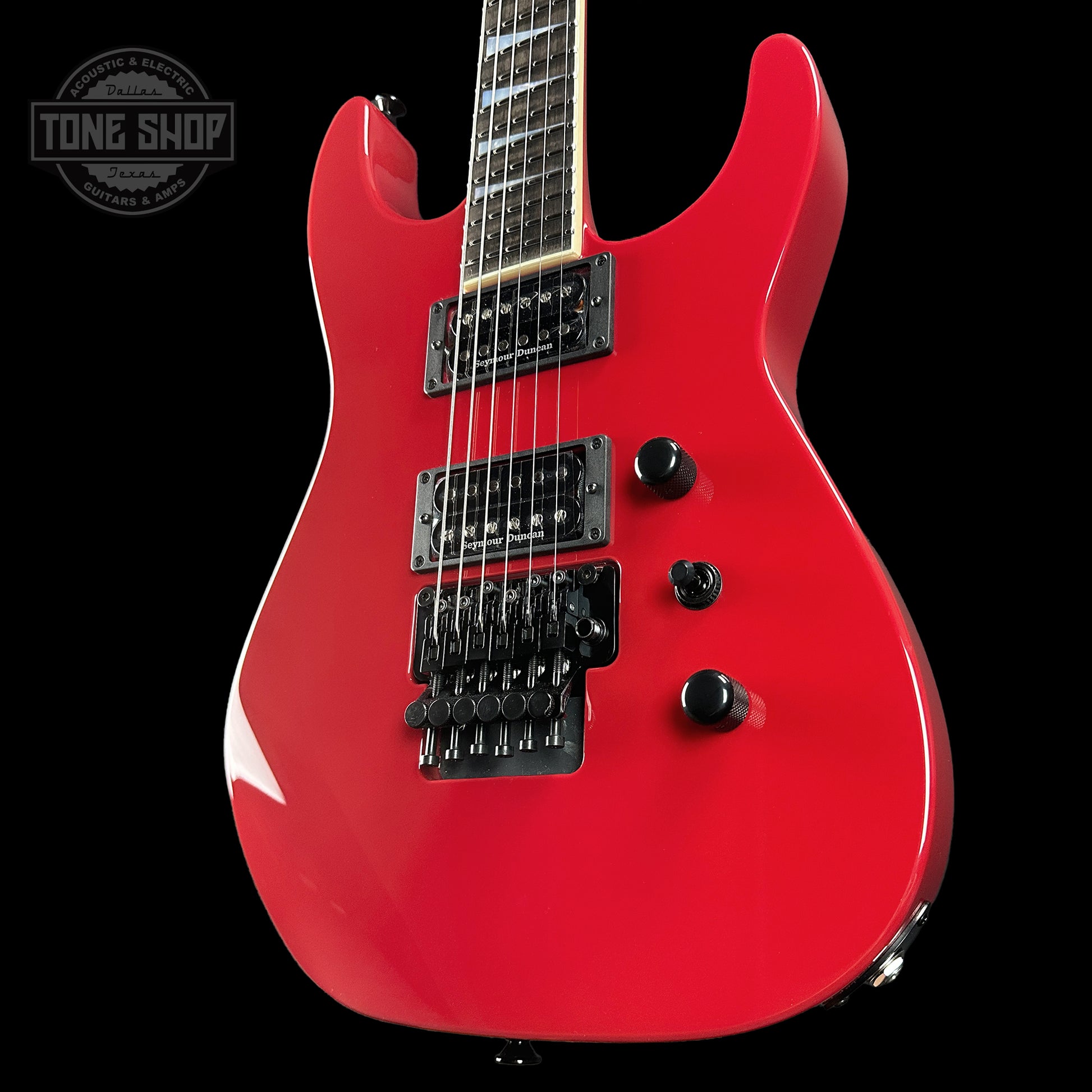 Front angle of Jackson Custom Shop SL2H Reverse Headstock Dakota Red.