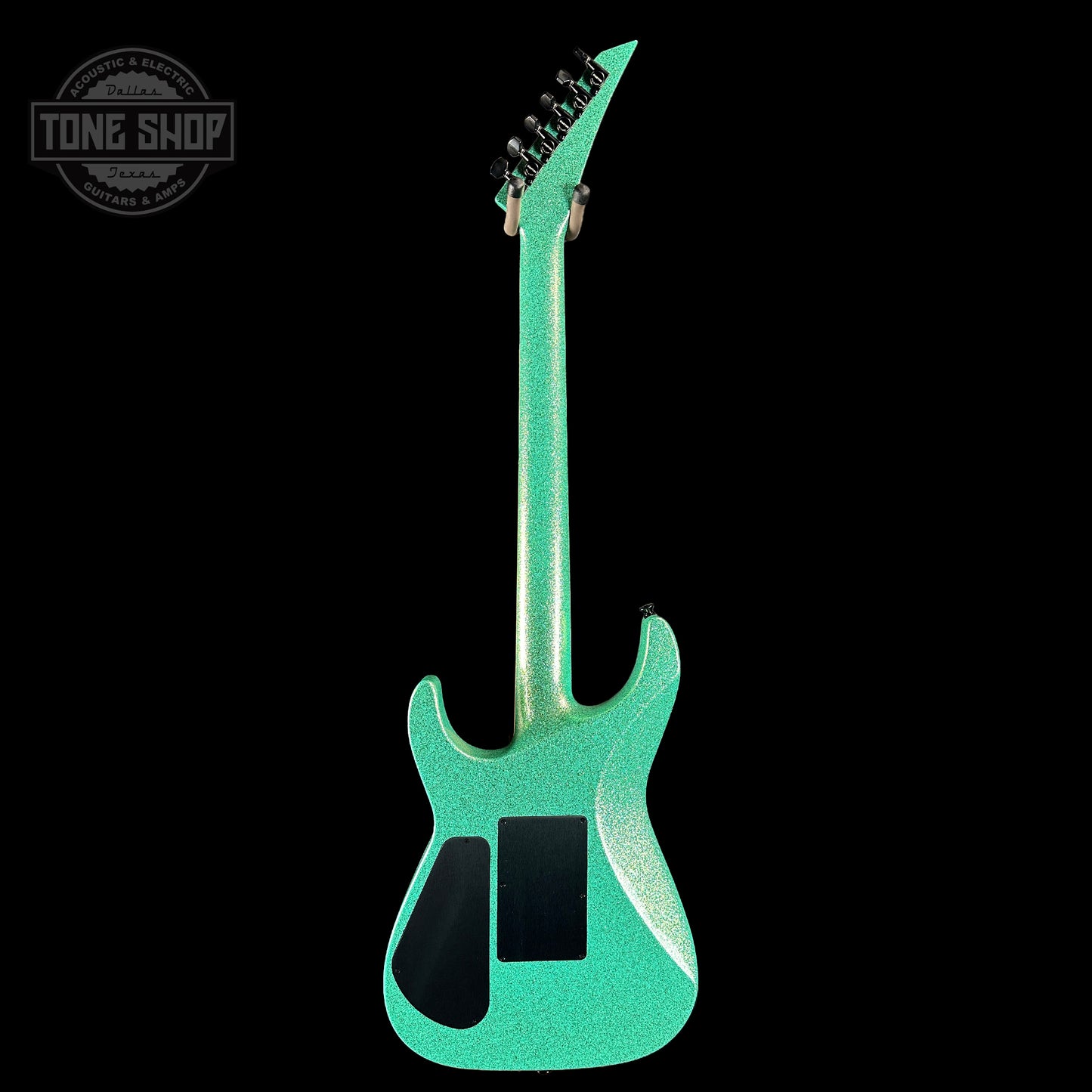 Full back of Jackson Custom Shop SL1 Soloist RVRS FR Seafoam Sparkle.