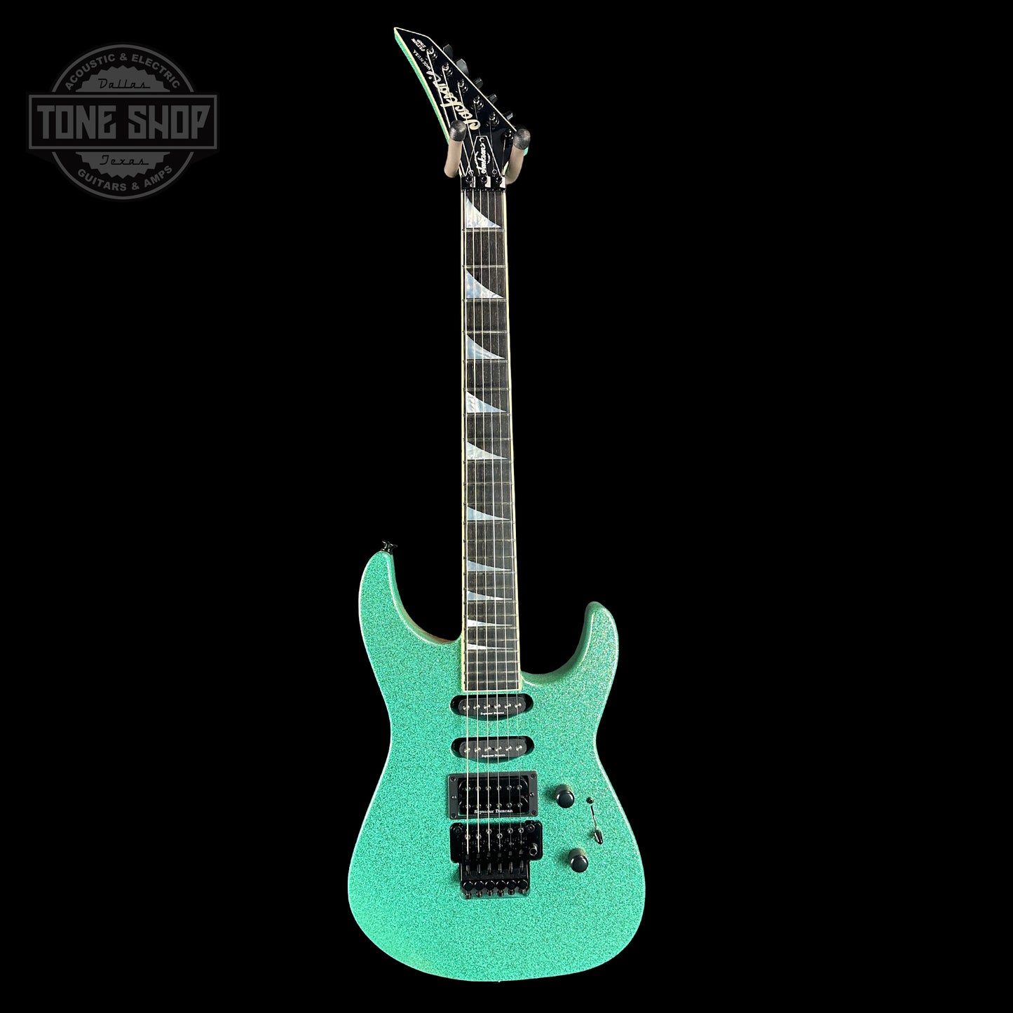 Full front of Jackson Custom Shop SL1 Soloist RVRS FR Seafoam Sparkle.