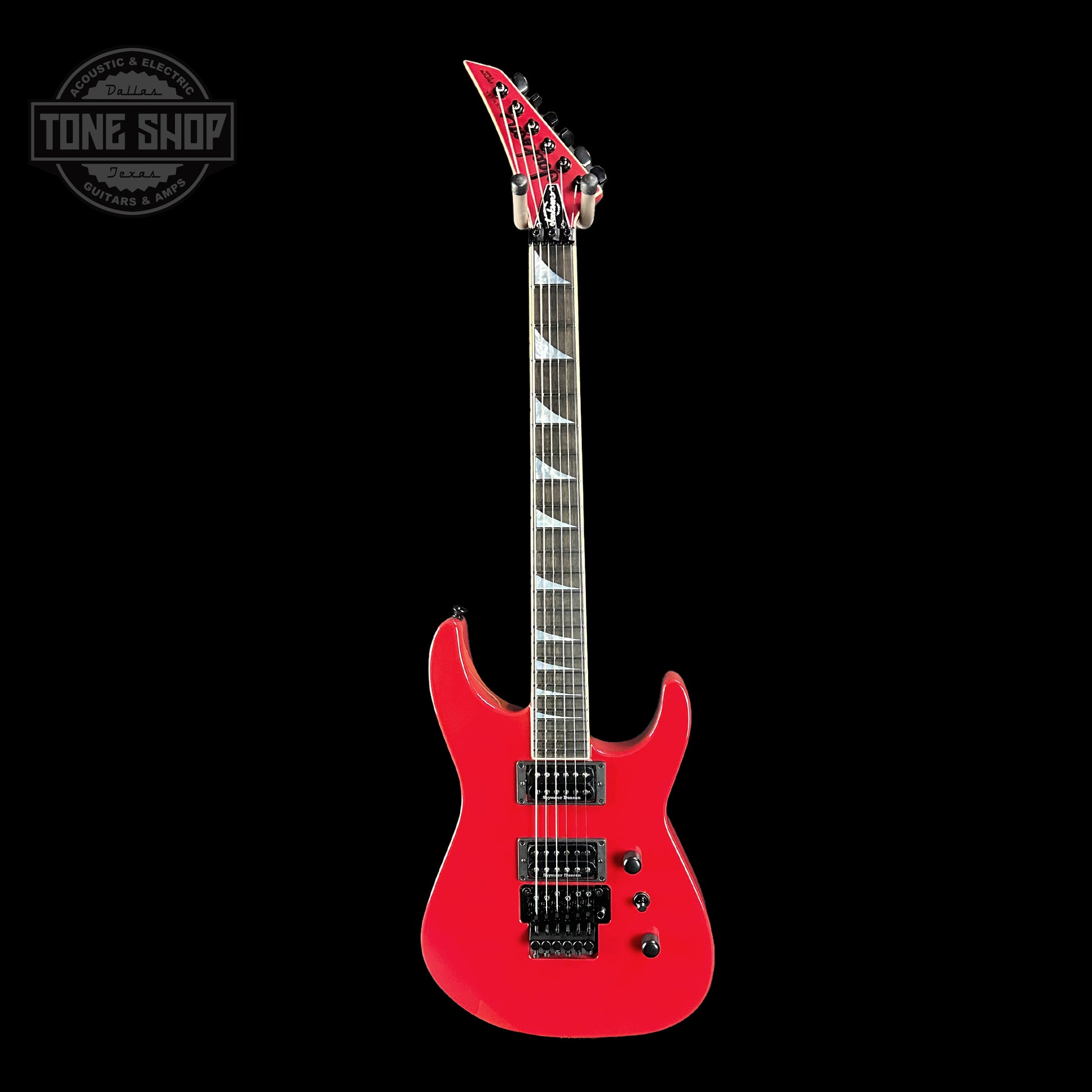 Full front of Jackson Custom Shop SL2H Reverse Headstock Dakota Red.