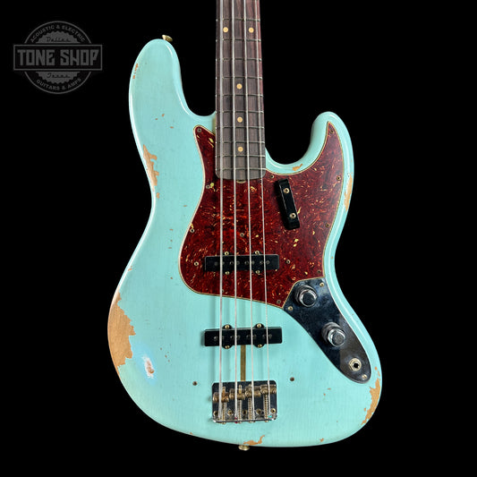 Front of Fender Custom Shop Time Machine '61 Jazz Bass Heavy Relic Super Faded Aged Daphne Blue.