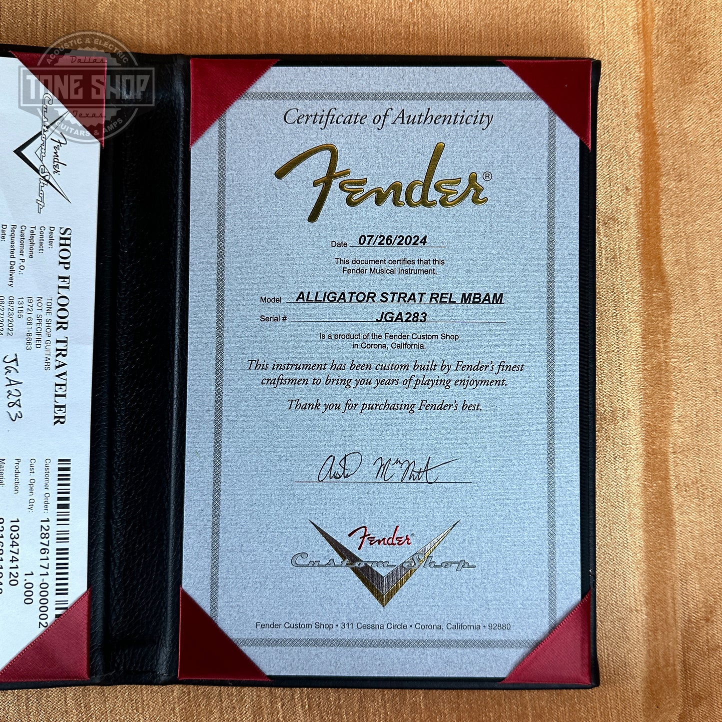 Certificate of authenticity for Fender Custom Shop Jerry Garcia Alligator Strat Masterbuilt by Austin MacNut.